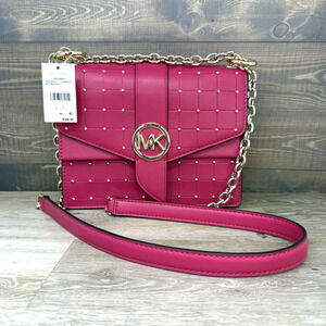 Michael Kors Small Studded Pink Rubin Red Quilted Crossbody Bag Purse